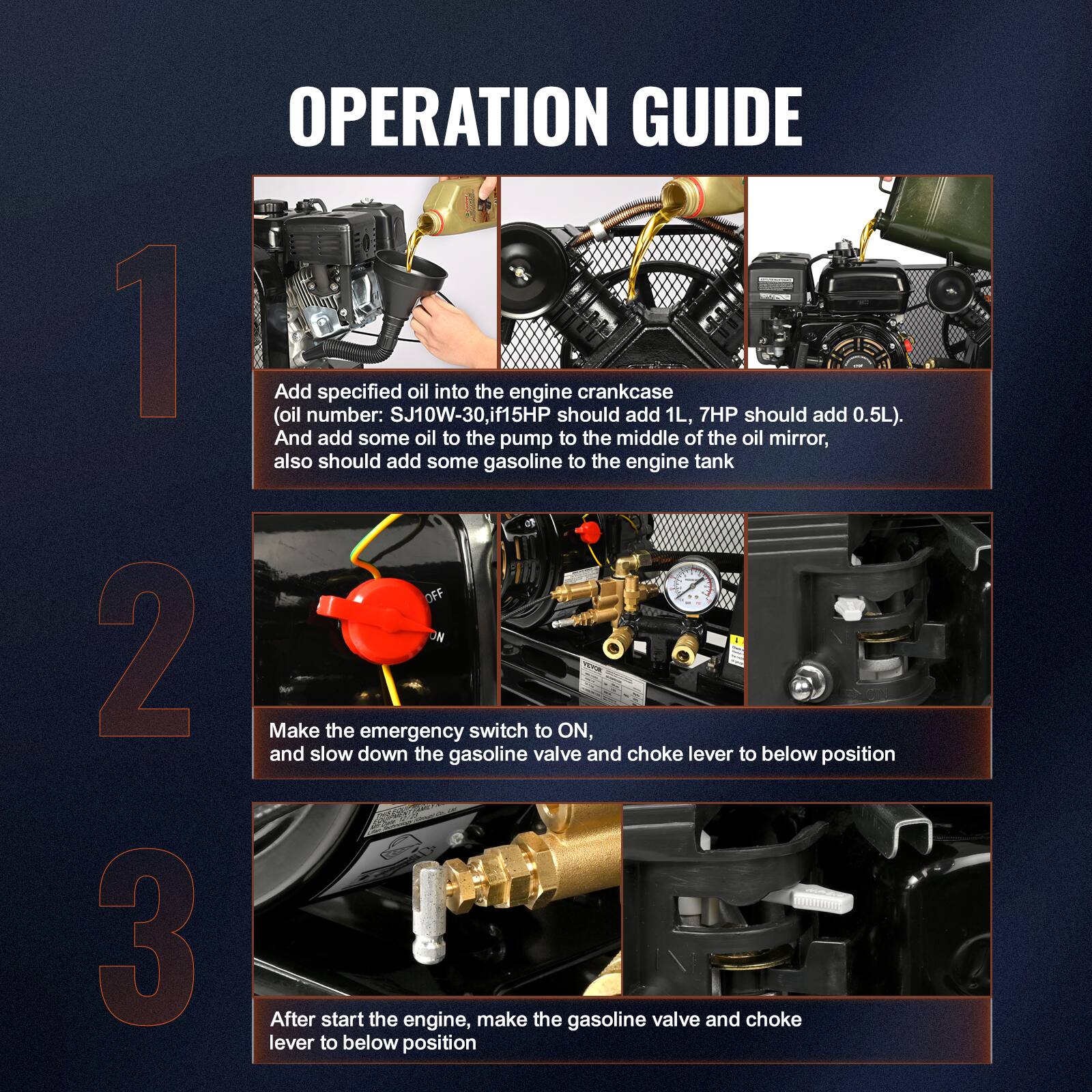 **OPERATION GUIDE**

1. Add specified oil into the engine crankcase  
   (oil number: SJ10W-30, 115HP should add 1L, 7HP should add 0.5L).  
   And add some oil to the pump to the middle of the oil mirror,  
   also should add some gasoline to the engine tank.

2. Make the emergency switch to ON,  
   and slow down the gasoline valve and choke lever to below position.

3. After start the engine, make the gasoline valve and choke lever to below position.