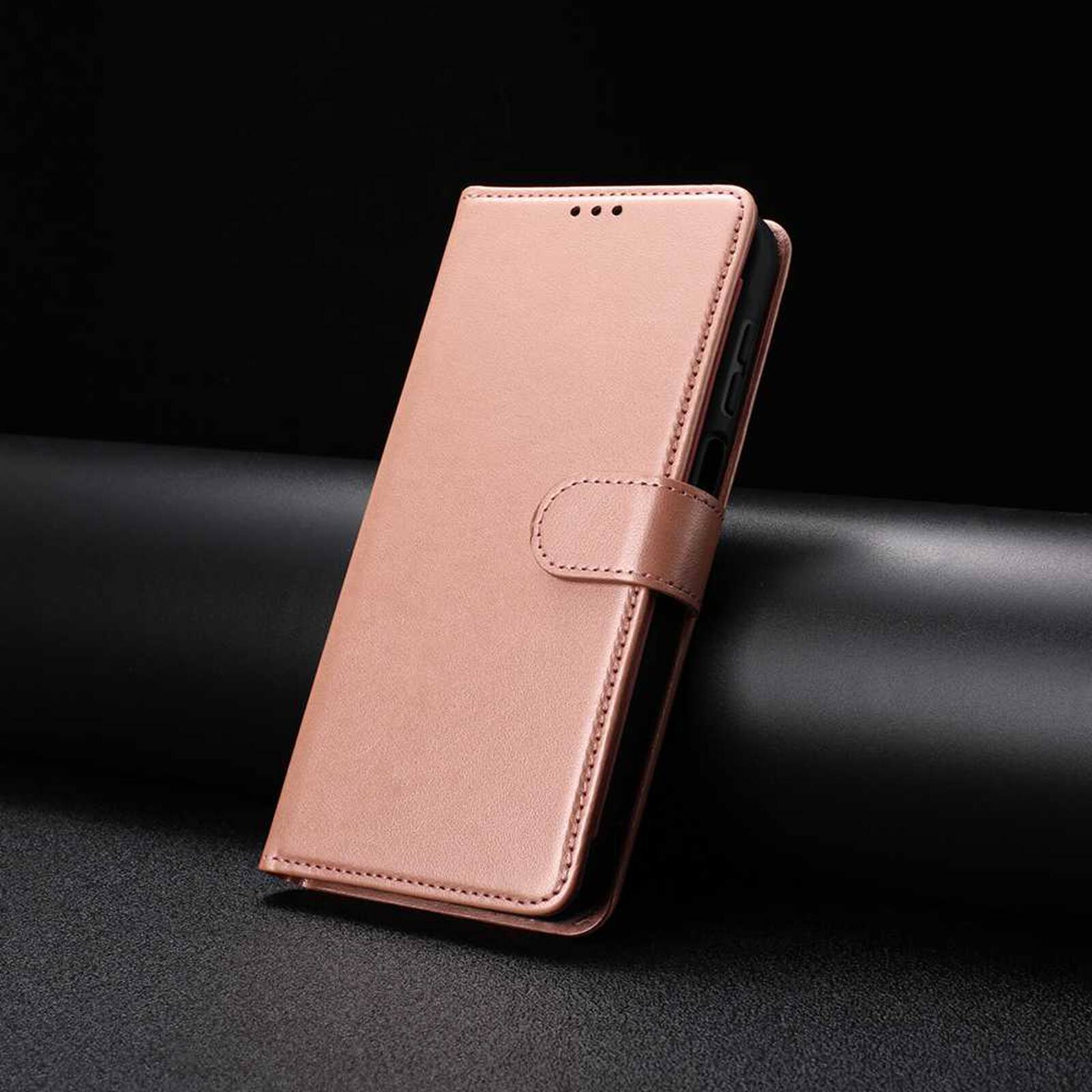 Angle. Dteck - Dteck Wallet Folio Case for Apple iPhone 16 Pro Max, Shockproof Magnetic PU Leather Flip Card Slots Stand Case - Rosegold.