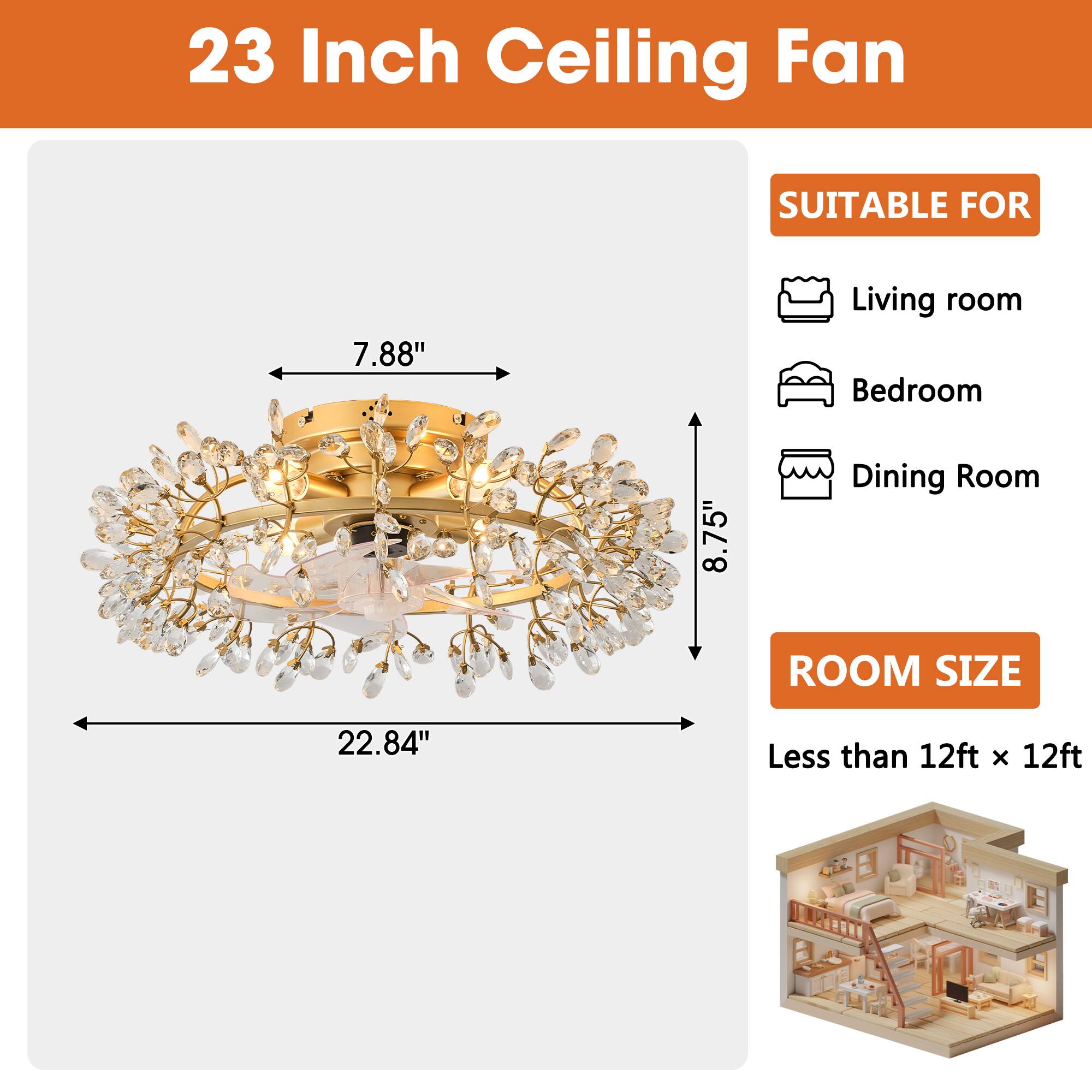 23 Inch Ceiling Fan

SUITABLE FOR
- Living room
- Bedroom
- Dining Room

ROOM SIZE
Less than 12ft x 12ft