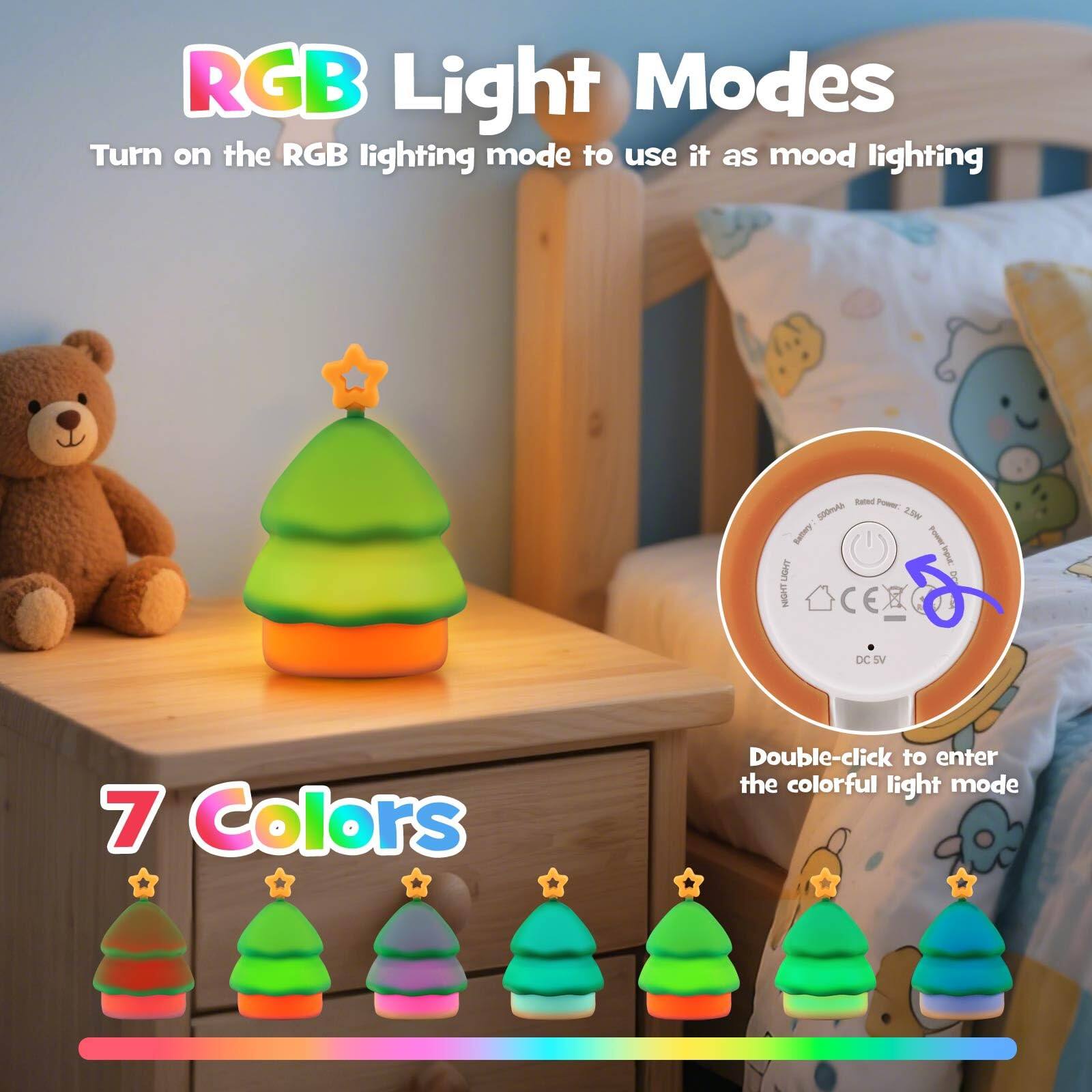RGB Light Modes  
Turn on the RGB lighting mode to use it as mood lighting  

7 Colors  
Double-click to enter the colorful light mode  

Rated Power: 2.4W  
DC 5V