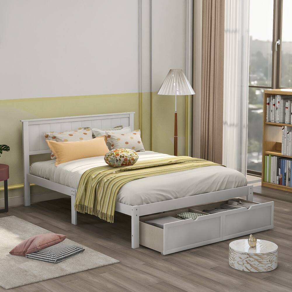 Left. Loheer - Loheer Full Size Platform Bed White Wood Bed with Drawers - White.