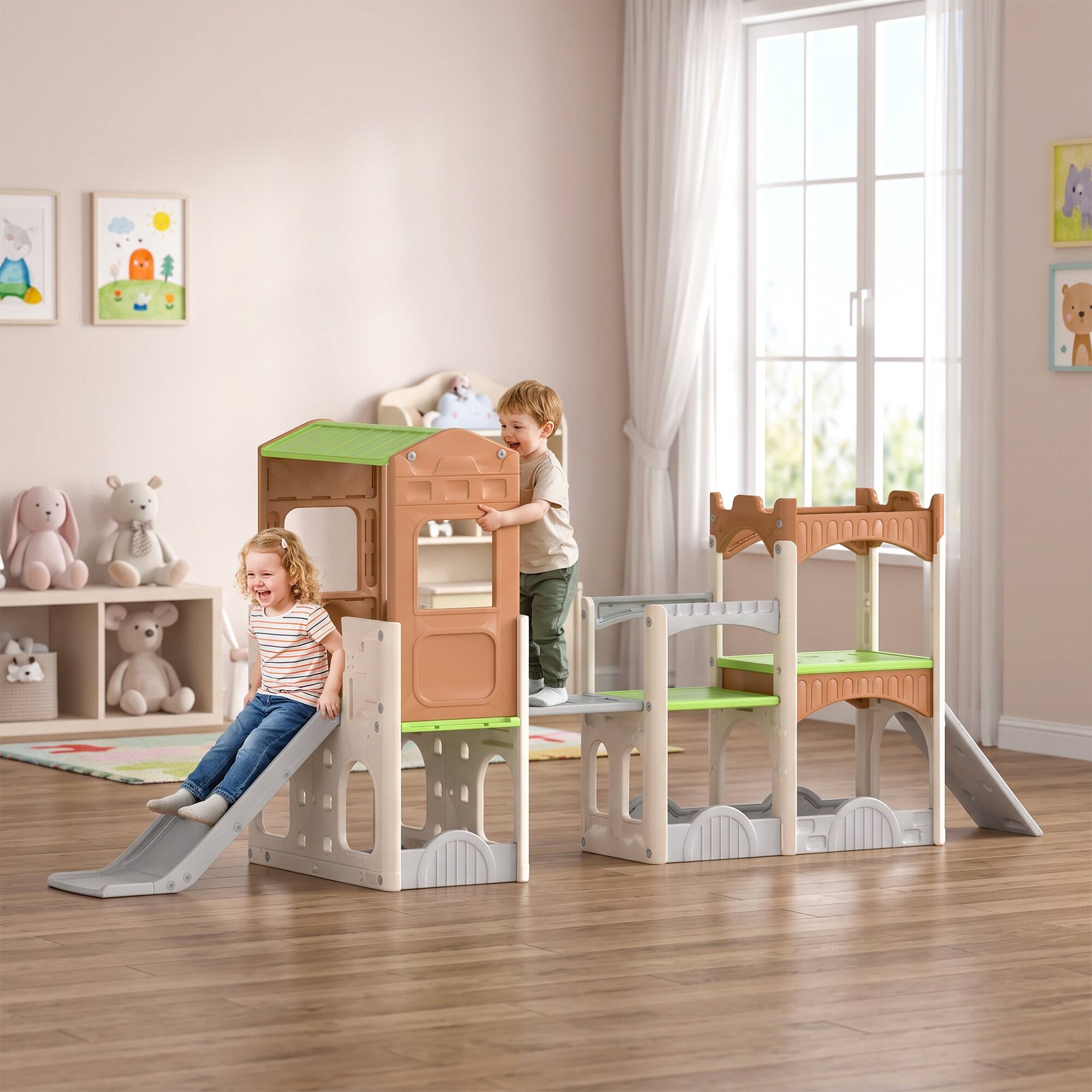 Alt View 1. Qaba - in 1 Toddler Slide Set with Balance Bridge, Playhouse, Climber, Storage - Beige, Gray, Light Green.