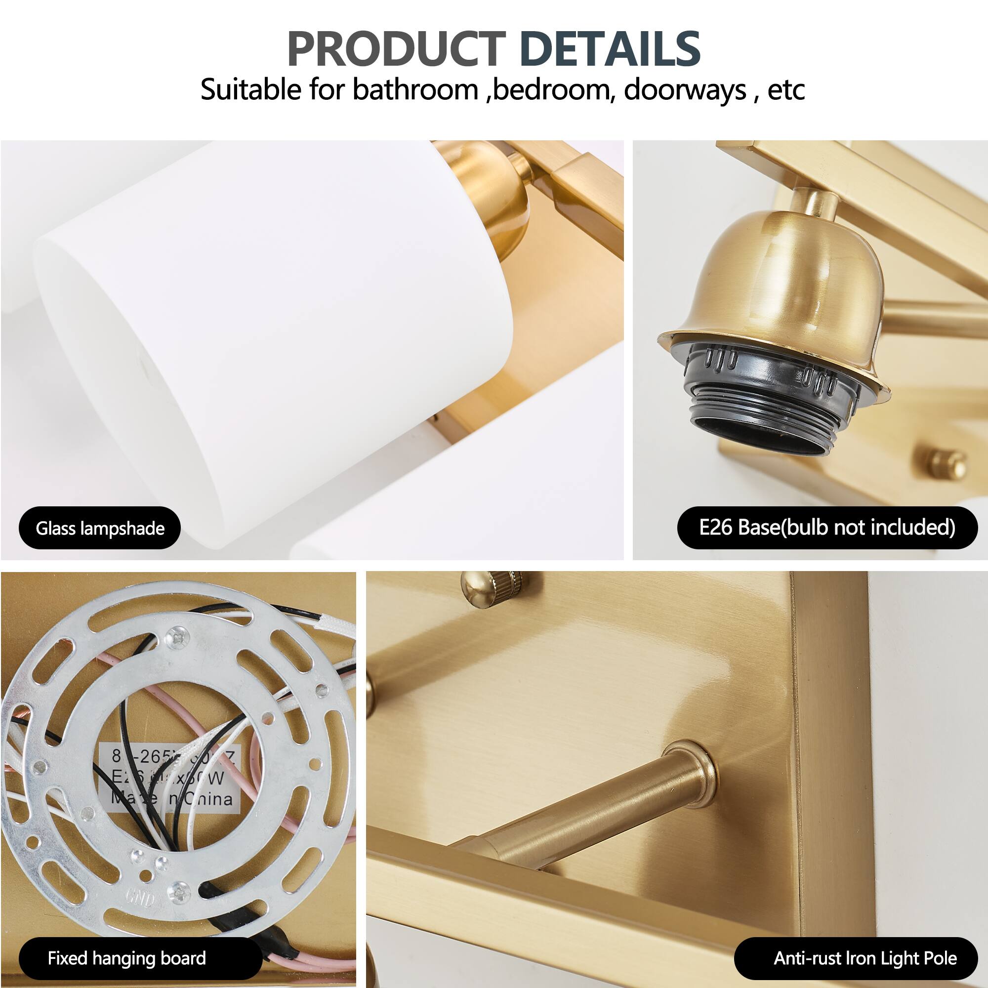 **PRODUCT DETAILS**

- Suitable for bathroom, bedroom, doorways, etc
- Glass lampshade
- E26 Base (bulb not included)
- Fixed hanging board
- Anti-rust Iron Light Pole

**Dimensions:**
- 8" x 26.5" x 7"