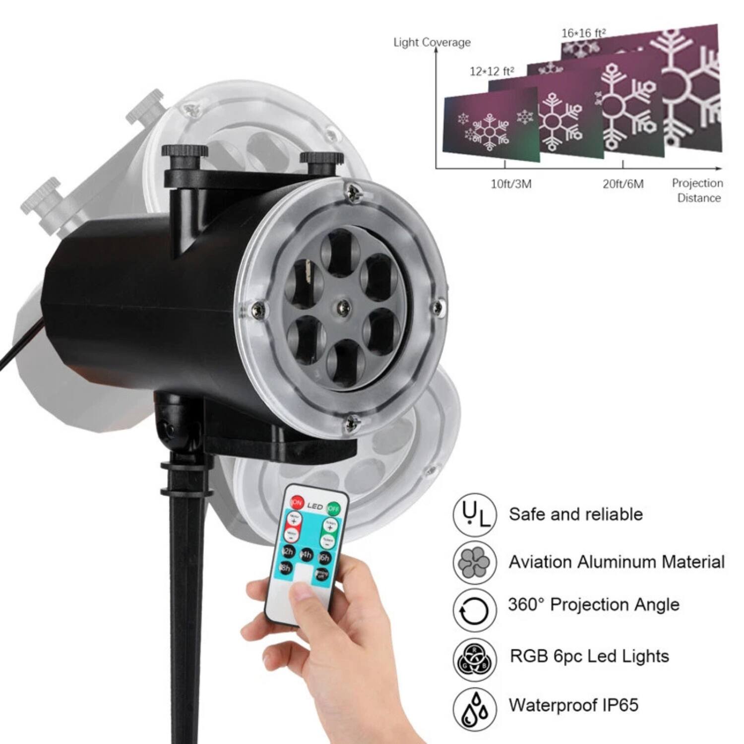 - Light Coverage: 16-16 ft², 12-12 ft²
- Projection Distance: 10ft/3M, 20ft/6M
- Safe and reliable
- Aviation Aluminum Material
- 360° Projection Angle
- RGB 6pc Led Lights
- Waterproof IP65