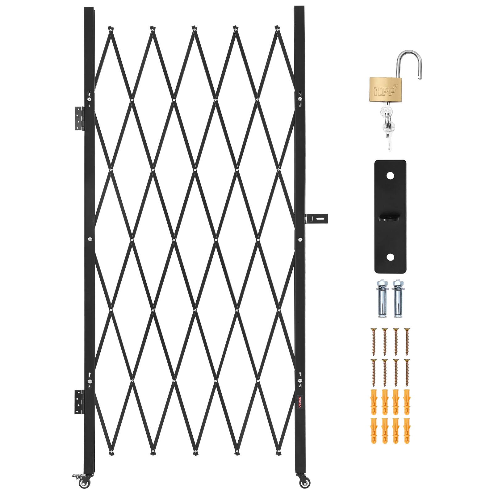 Alt View 5. VEVOR - Single Folding Security Gate, Lockable Scissor Gate with 360° Swivel Casters, Outdoor Barricade Steel Retractable Gates - Black.
