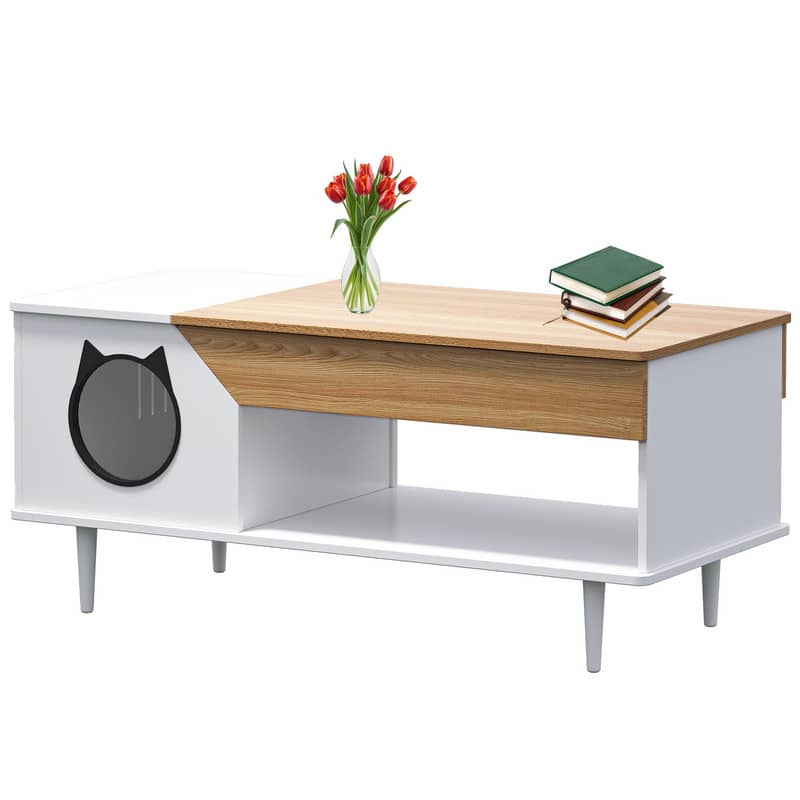 GARVEE - 45" Wooden Rustic Coffee Table with Cat House,Hidden Kitty Litter Box Furniture,Living Room Tables with Storage Drawer - Wood