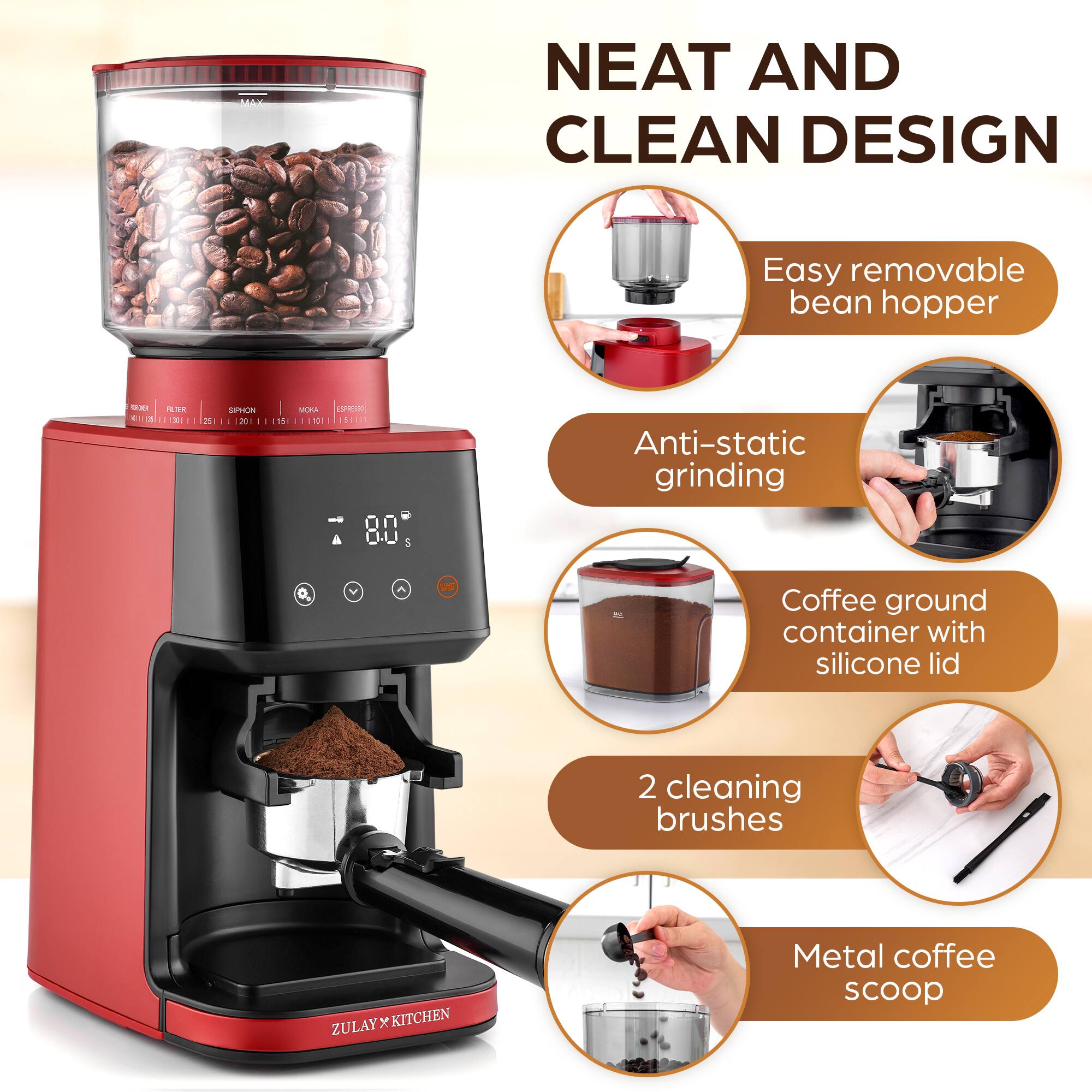 Alt View 1. Zulay Kitchen - Zulay Kitchen Conical Espresso Burr Coffee Grinder - Touchscreen, 51 Bean Grind Settings, Precision Electric Timer - Red.