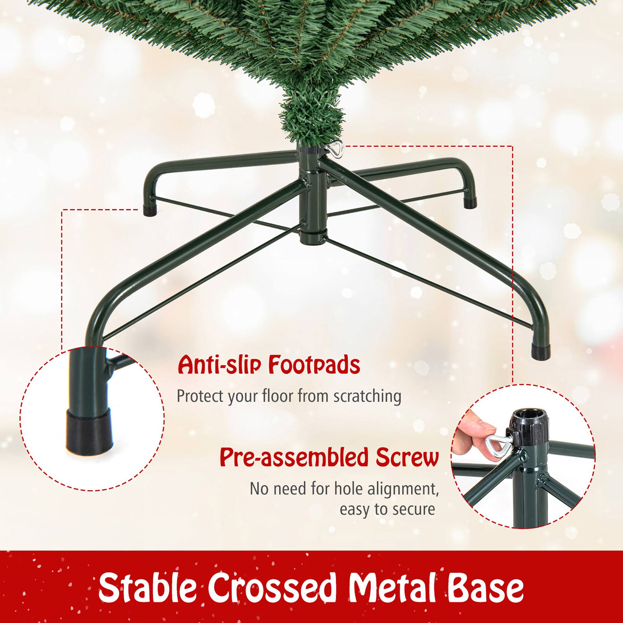 Anti-slip Footpads  
Protect your floor from scratching  

Pre-assembled Screw  
No need for hole alignment, easy to secure  

Stable Crossed Metal Base