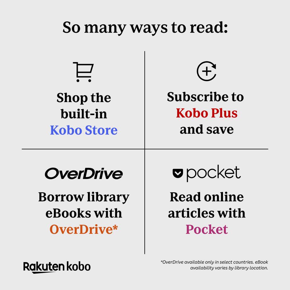 So many ways to read:

- Shop the built-in Kobo Store
- Subscribe to Kobo Plus and save
- OverDrive: Borrow library eBooks with OverDrive*
- pocket: Read online articles with Pocket

*Rakuten kobo

*OverDrive available only in select countries. eBook availability varies by library location.
