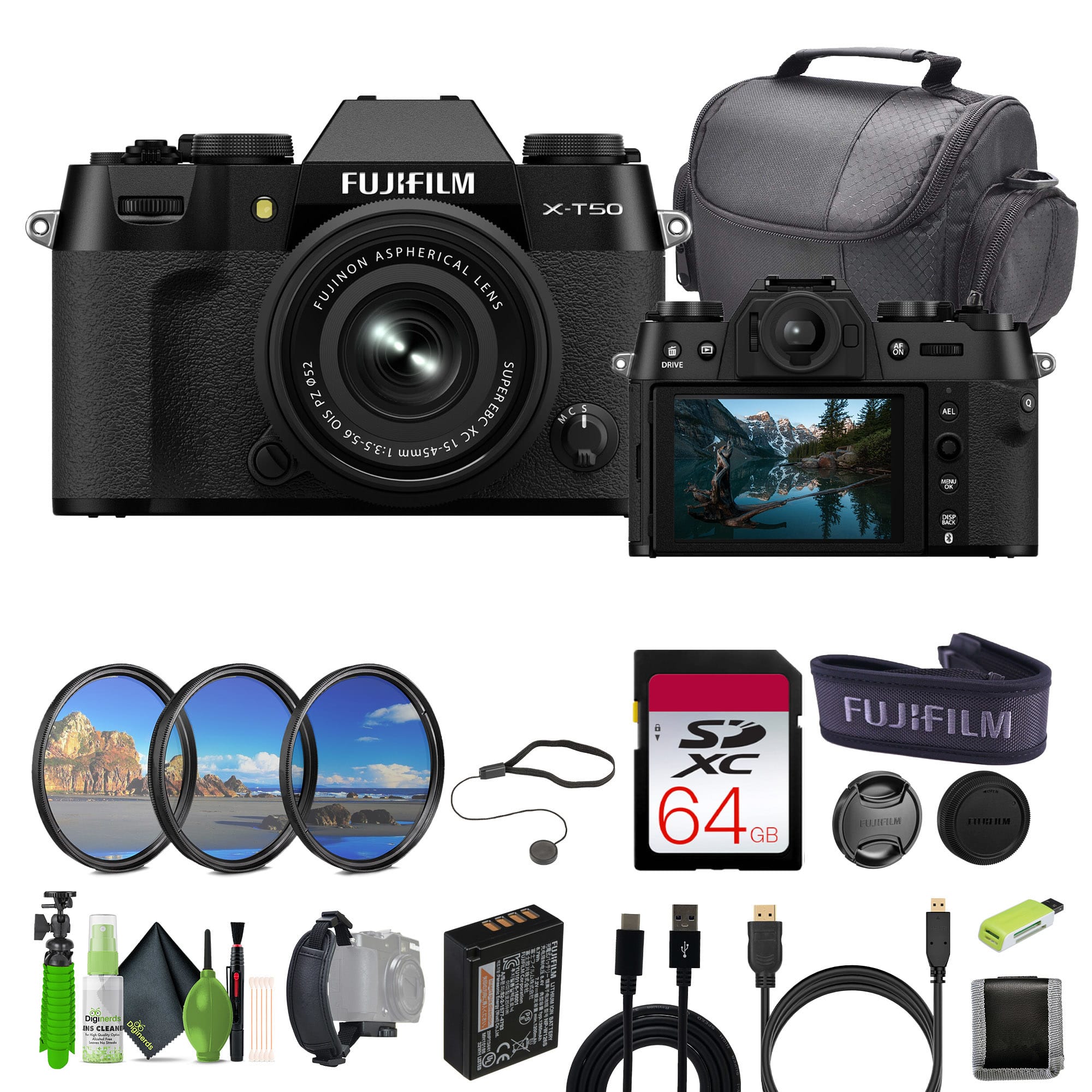 Fujifilm - X-T50 Mirrorless Digital Camera XC15-45mmF3.5-5.6 OIS PZ - Bundle - Black