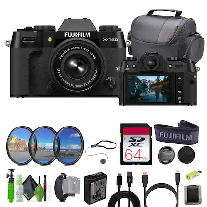 FUJIFILM X-T50 ASPHERICAL FUJINON LENS 052 SUPER PZ 5 OIS EBC MCS M I 95-5'E:L DX 15-45mm LEIVE T AL - o 2 I SP FUJIFILM XC 64GB DALHEUM THHHM gen as SER Dt