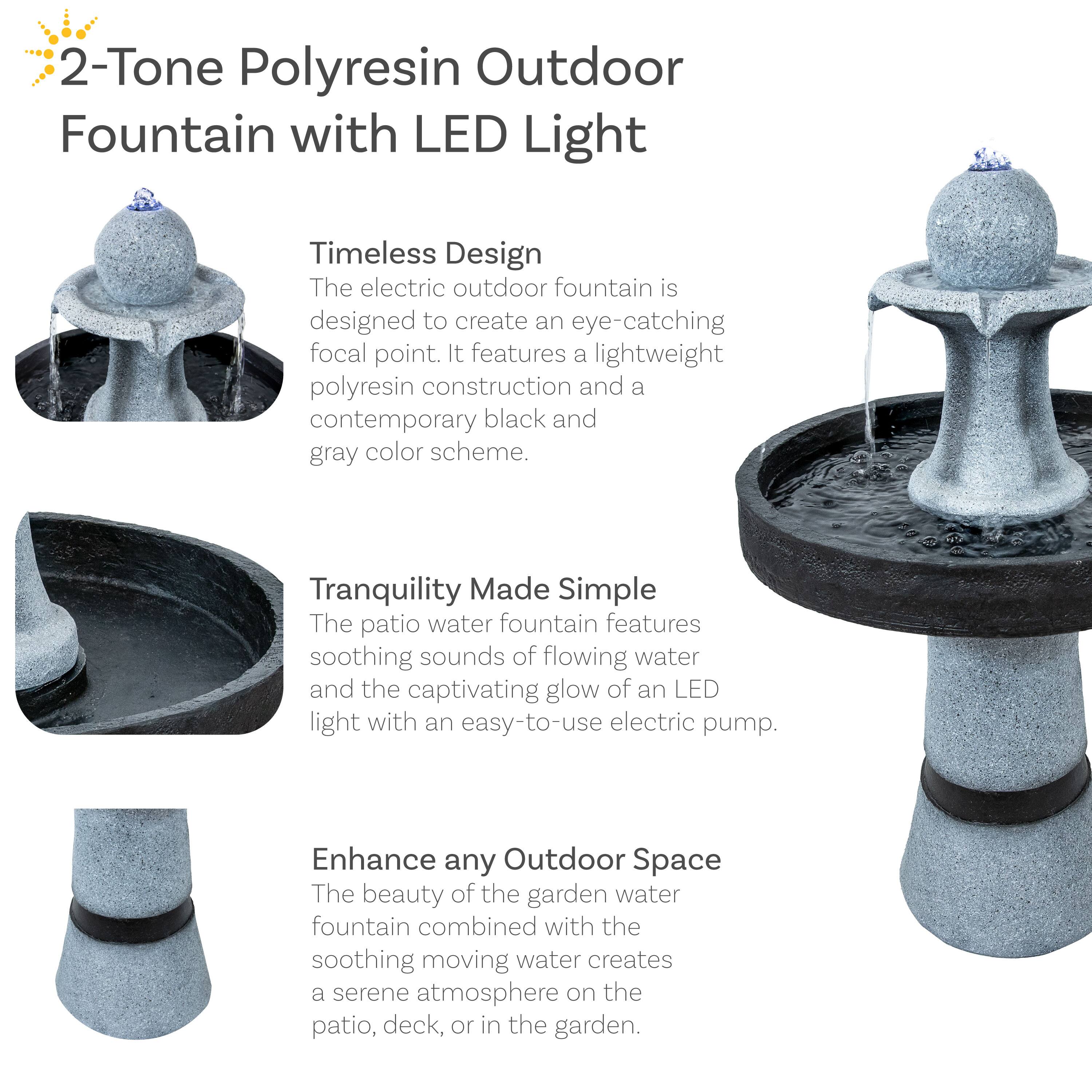 2-Tone Polyresin Outdoor Fountain with LED Light

Timeless Design
The electric outdoor fountain is designed to create an eye-catching focal point. It features a lightweight polyresin construction and a contemporary black and gray color scheme.

Tranquility Made Simple
The patio water fountain features soothing sounds of flowing water and the captivating glow of an LED light with an easy-to-use electric pump.

Enhance any Outdoor Space
The beauty of the garden water fountain combined with the soothing moving water creates a serene atmosphere on the patio, deck, or in the garden.