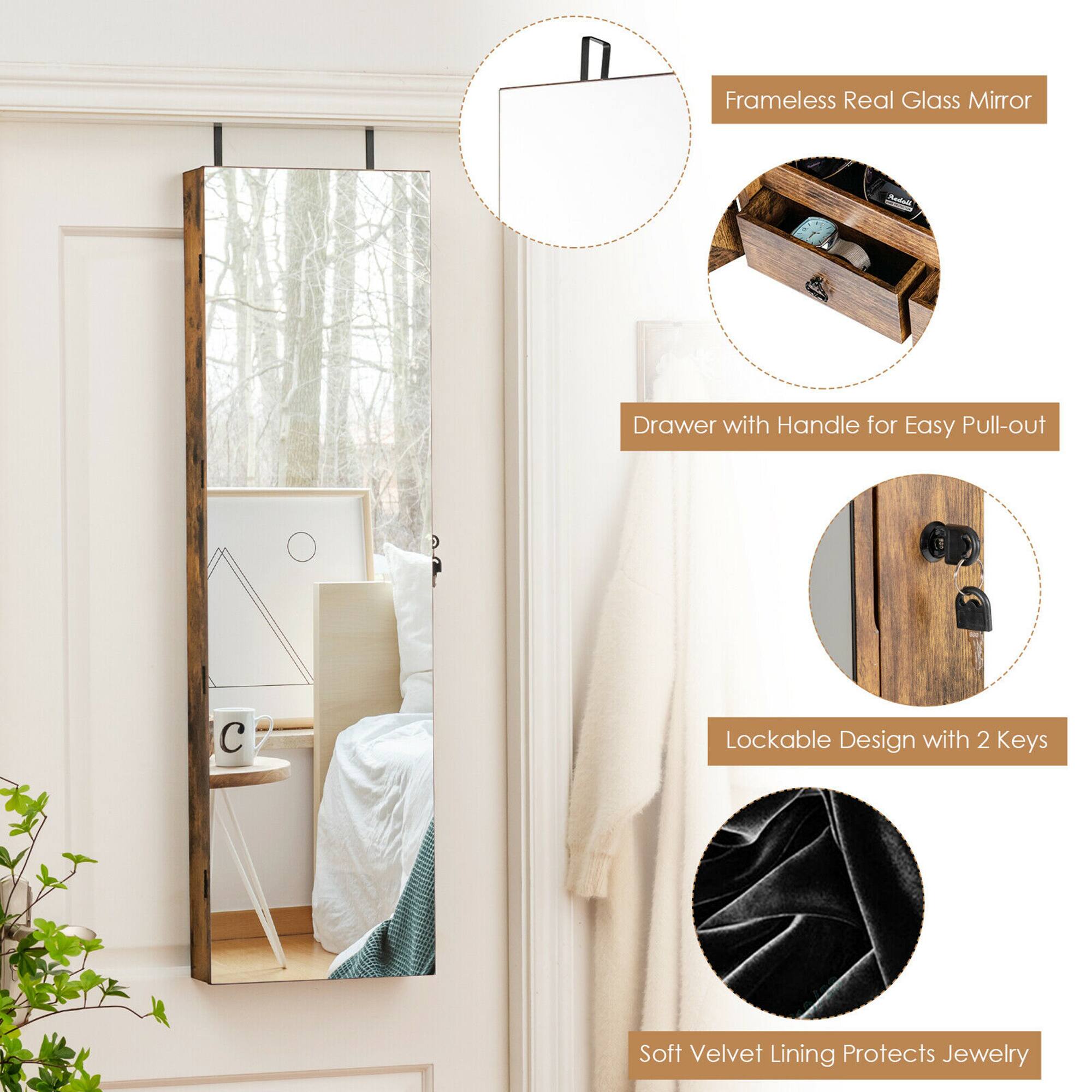 Frameless Real Glass Mirror  
Drawer with Handle for Easy Pull-out  
Lockable Design with 2 Keys  
Soft Velvet Lining Protects Jewelry