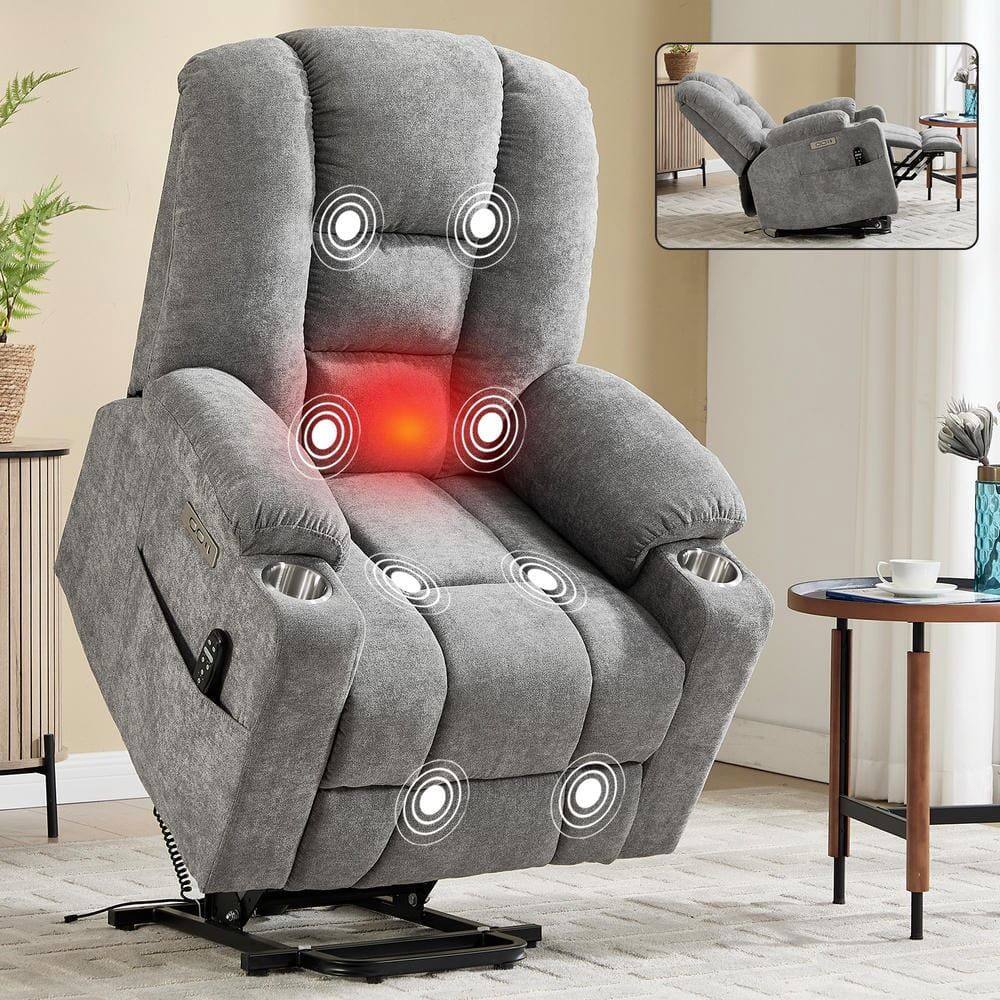 Front. Kadyn - Power Lift Recliner Chair, Massage & Heat, Dual USB Ports, Cup Holders, 155° Recline, Light Gray - Gray.