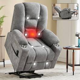 Kadyn - Power Lift Recliner Chair, Massage & Heat, Dual USB Ports, Cup Holders, 155° Recline, Light - Gray
