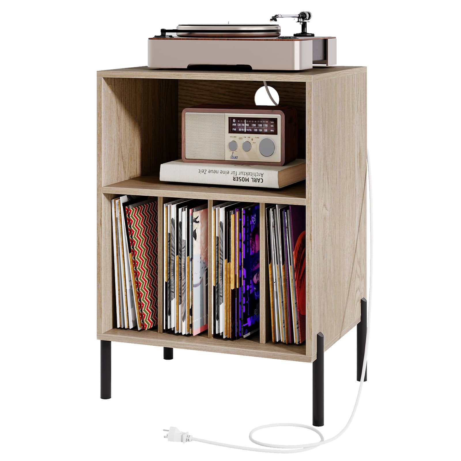 Gymax - Record Player Stand w/Charging Station 5 Storage Compartments Anti-toppling Kits - Natural