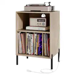 Gymax - Record Player Stand w/Charging Station 5 Storage Compartments Anti-toppling Kits - Natural