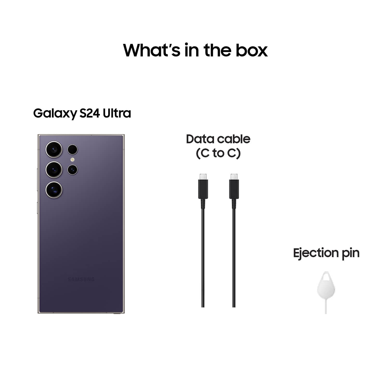The image features a Samsung Galaxy S24 Ultra smartphone, which is a large cell phone. The box contains a data cable and an ejection pin, which are essential accessories for the device. The data cable is used for charging and transferring data, while the ejection pin is used to safely remove the SIM card from the phone.