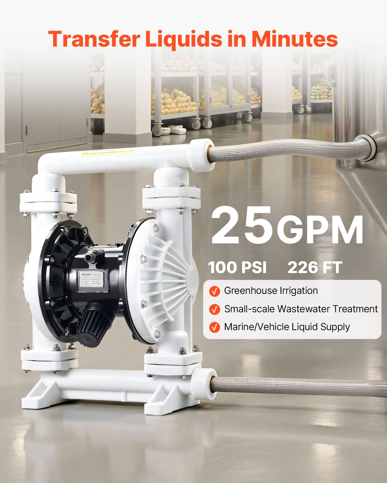 Transfer Liquids in Minutes  
25 GPM  
100 PSI  
226 FT  
Greenhouse Irrigation  
Small-scale Wastewater Treatment  
Marine/Vehicle Liquid Supply