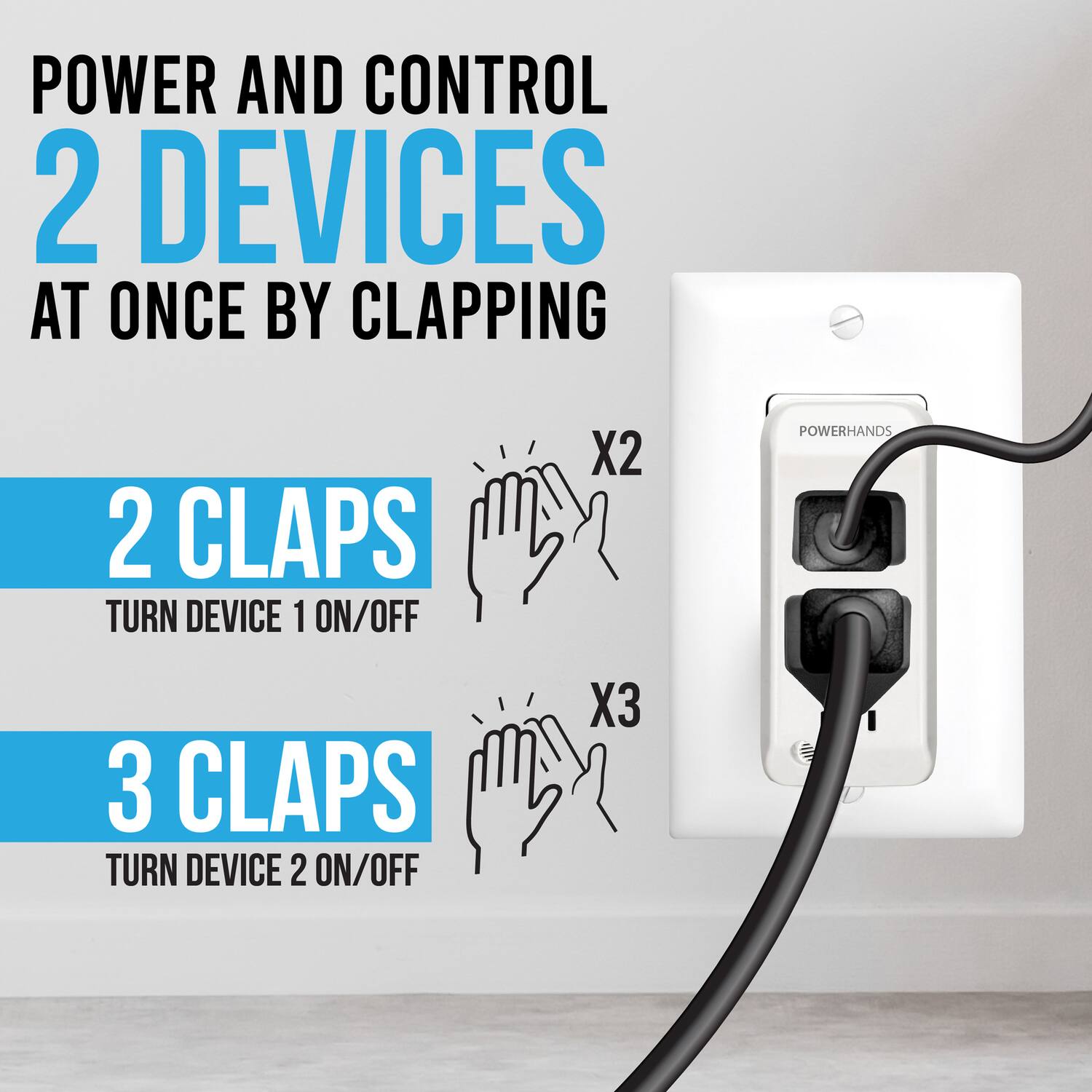 POWER AND CONTROL 2 DEVICES AT ONCE BY CLAPPING

2 CLAPS
TURN DEVICE 1 ON/OFF

3 CLAPS
TURN DEVICE 2 ON/OFF