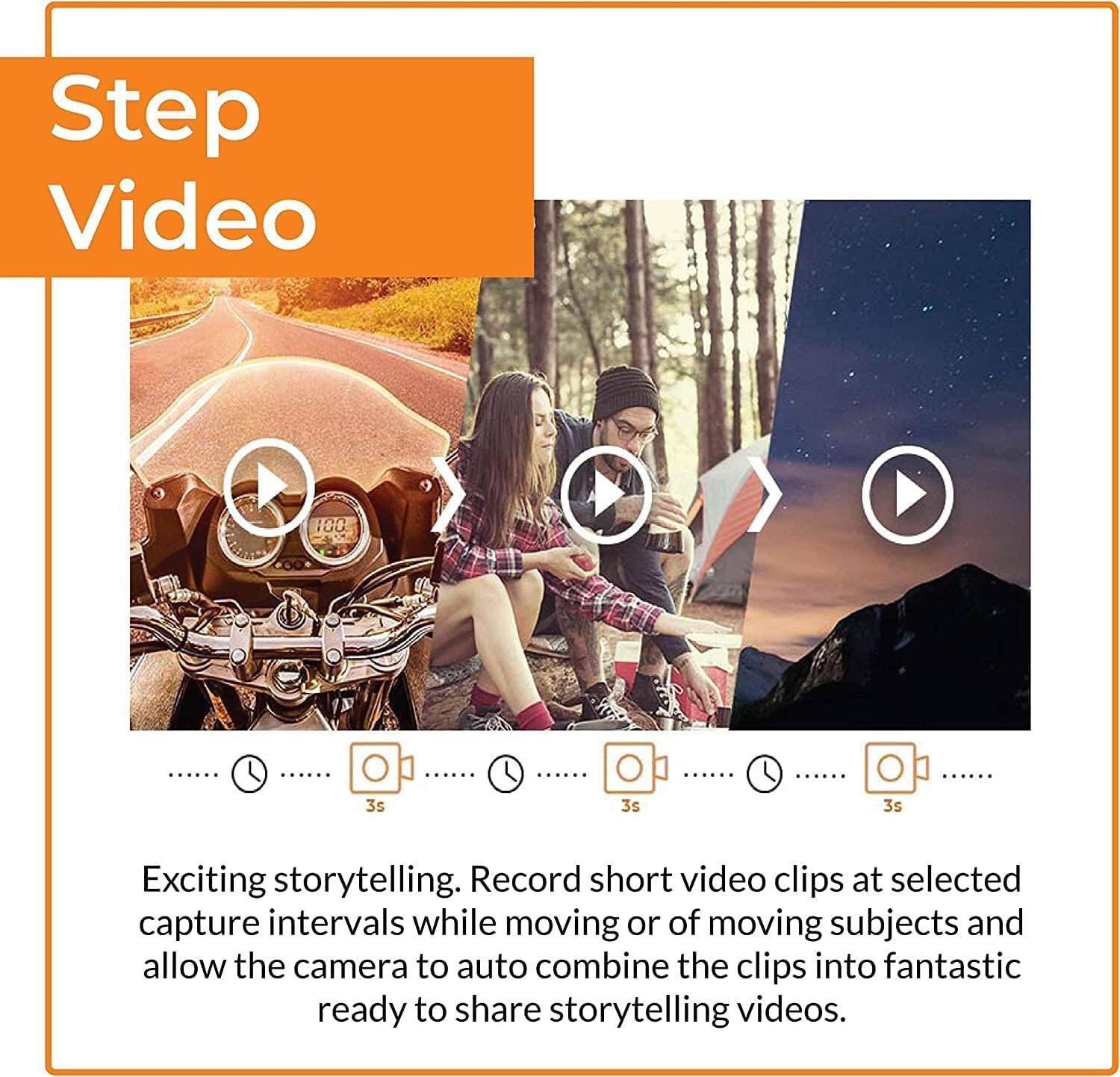 Step Video 100 3s 3s 3s Exciting storytelling. Record short video clips at selected capture intervals while moving or of moving subjects and allow the camera to auto combine the clips into fantastic ready to share storytelling videos.