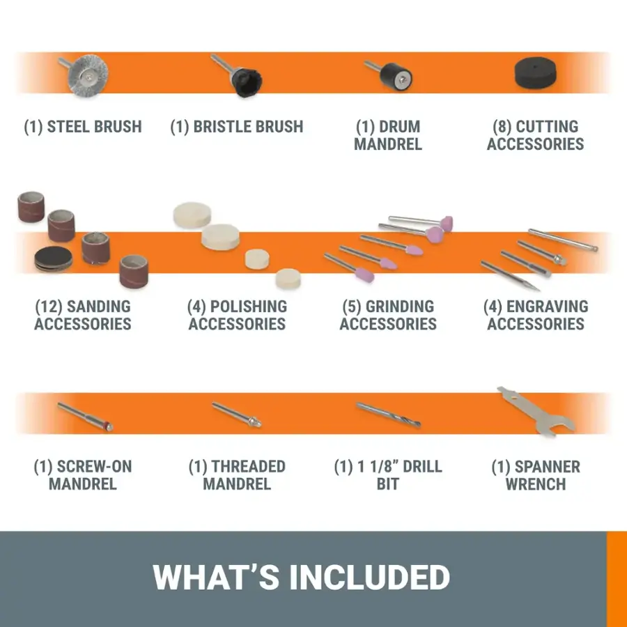 The text on the image has been grouped and corrected as follows:

1. Steel Brush
1. Bristle Brush
1. Drum Mandrel
8. Cutting Accessories
12. Sanding
4. Polishing
5. Grinding
4. Engraving Accessories

(1) Screw-On Mandrel
(1) Threaded Mandrel
(1) 1 1/8" Drill Bit
(1) Spanner Wrench

What's Included