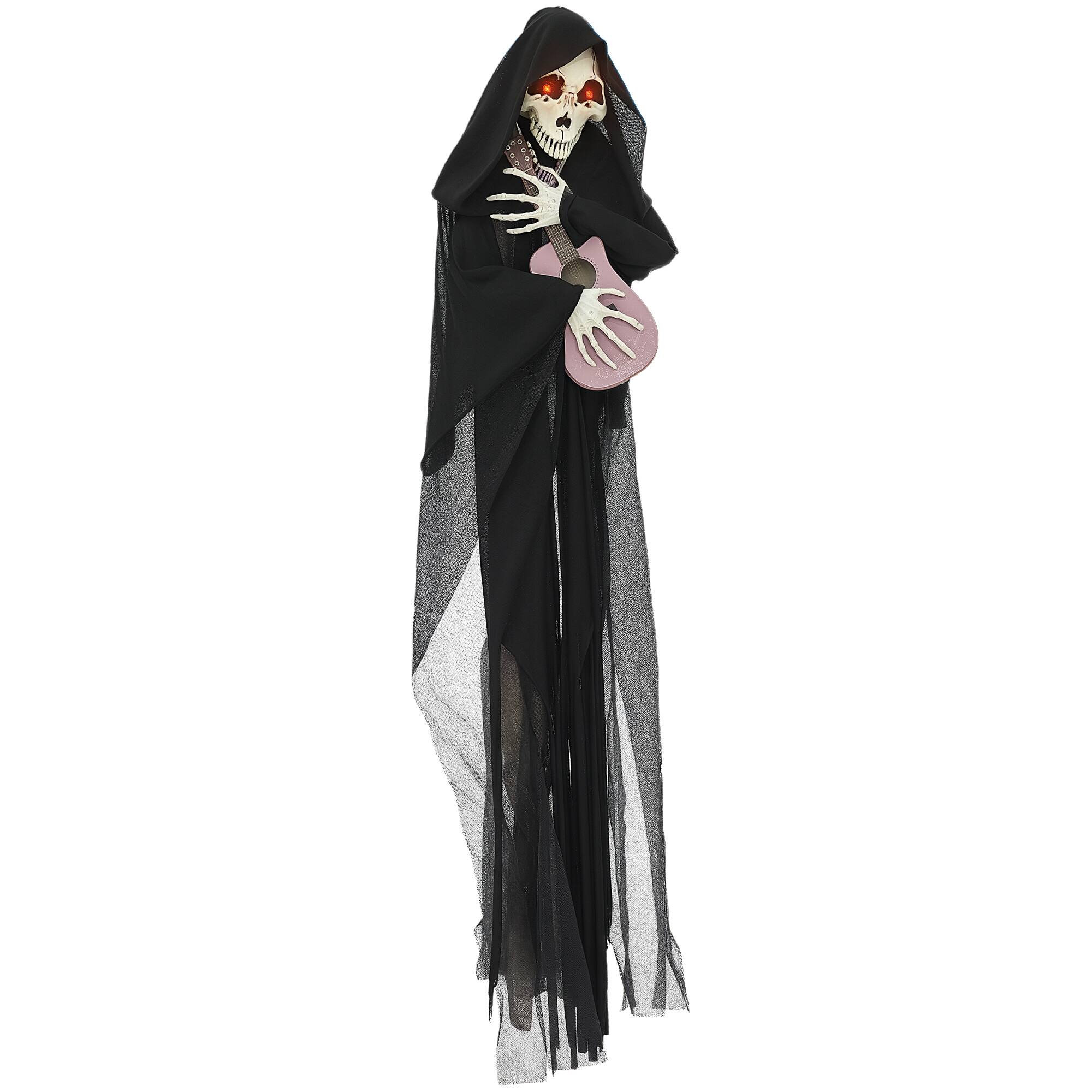Front. Homcom - 4.3' Outdoor Halloween Decoration Guitar-playing Grim Reaper, Activated Animated Prop with Light Up Eyes & Guitar Music - Black.