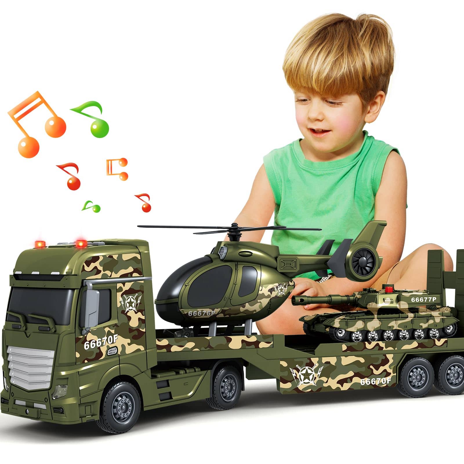 EZTW1 - Toys For Truck With Racing Car And Helicopter Friction Vehicle Lights Sounds IN 1Truck Toy This great value truck - Army Truck