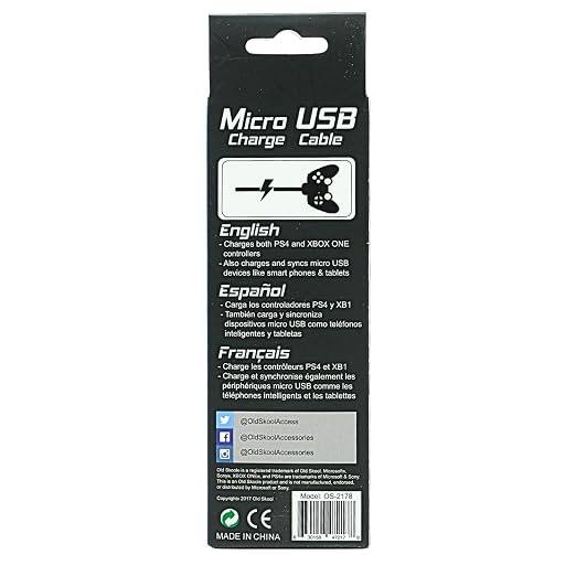 Micro USB Charge Cable

English
- Charges both PS4 and XBOX ONE controllers
- Also charges and syncs micro USB devices like smart phones & tablets

Español
- Carga los controladores PS4 y XB1
- También carga y sincroniza dispositivos micro USB como teléfonos inteligentes y tabletas

Français
- Charge les contrôleurs PS4 et XB1
- Charge et synchronise également les périphériques micro USB comme les téléphones intelligents et les tablettes

CM
© Copyugh 2017 Old Skool CE
MADE IN CHINA
Model 09-2178 30158 #1217
