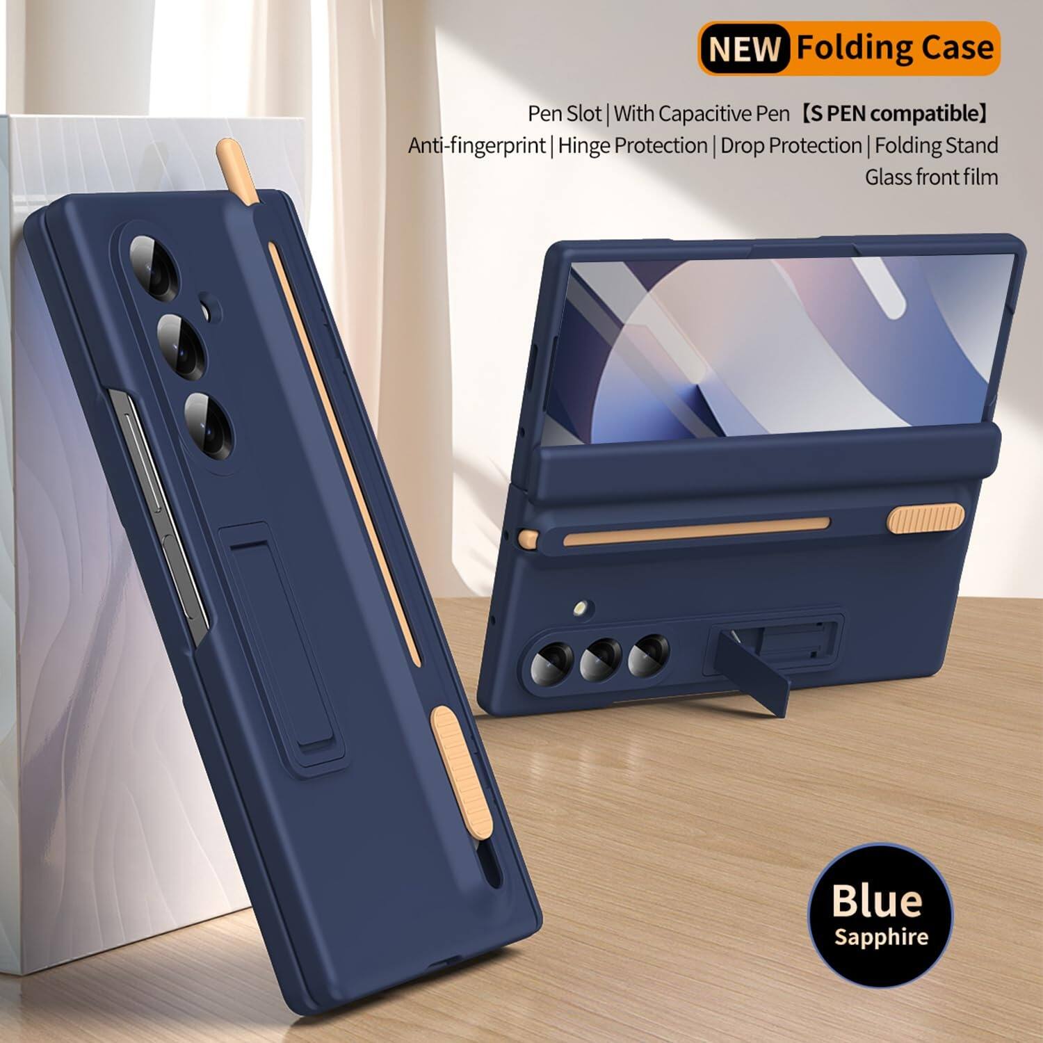 NEW Folding Case Pen Slot | With Capacitive Pen [S PEN compatible] Anti-fingerprint Hinge Protection Drop Protection Folding Stand Glass front film Blue Sapphire