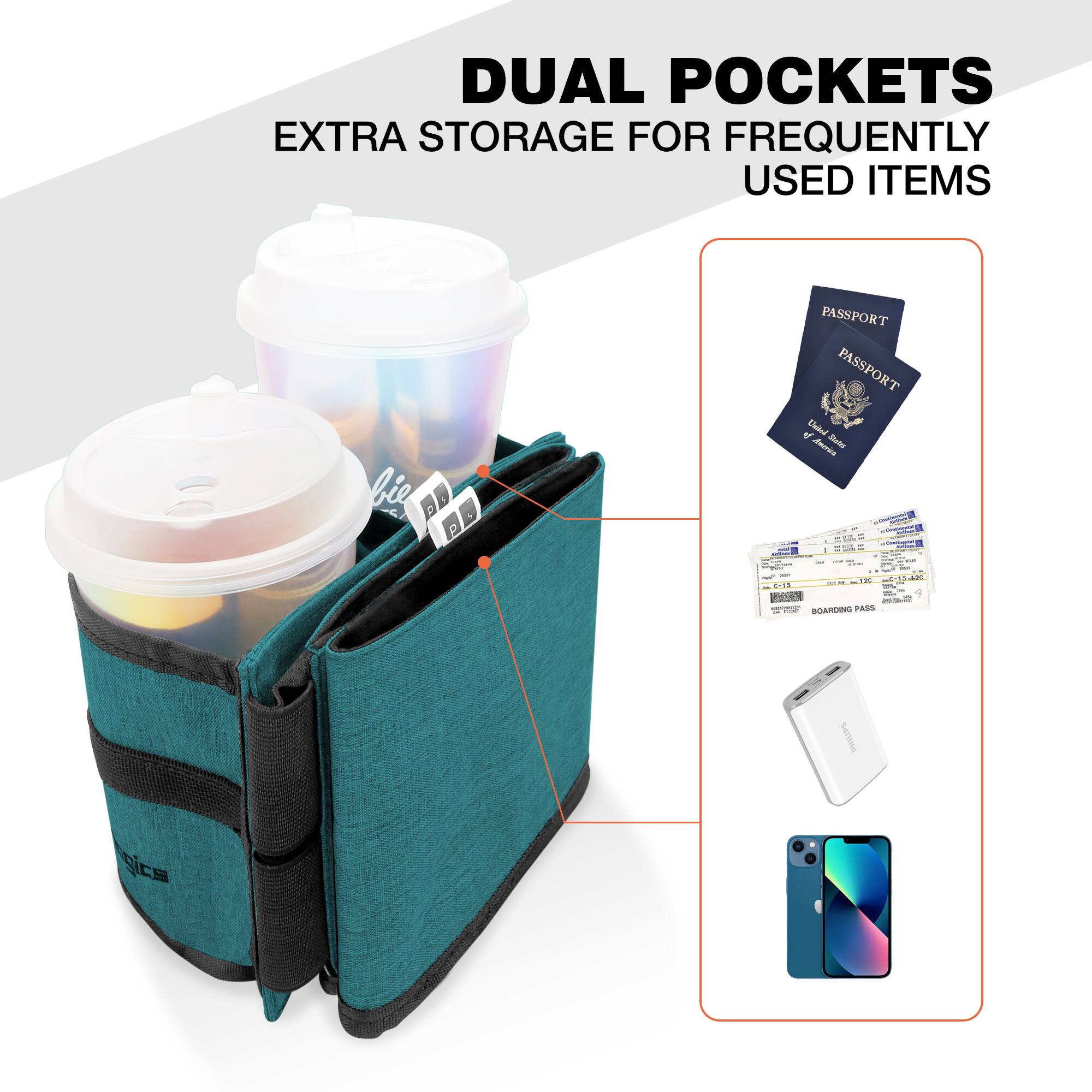 DUAL POCKETS  
EXTRA STORAGE FOR FREQUENTLY USED ITEMS