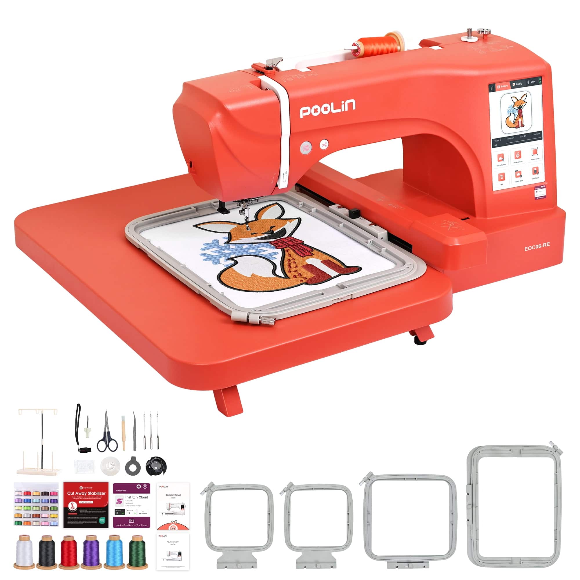 Poolin - EOC06-RE 11x7.9" Large Area Computerized Embroidery Machine 7" LCD Touchscreen Wifi with Starter Kit for Business - Red