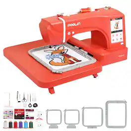 Poolin - EOC06-RE 11x7.9" Large Area Computerized Embroidery Machine 7" LCD Touchscreen Wifi with Starter Kit for Business - Red