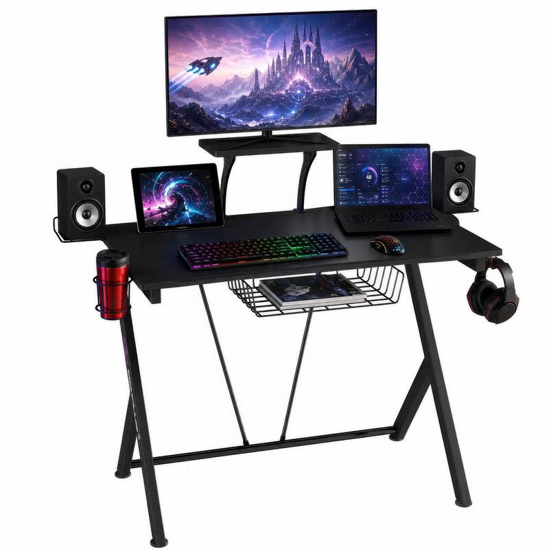 Alt View 5. WELLFOR - 42" Gaming Desk with with Headset Hook and Cup Holder, Modern  Ergonomic Computer Desk with Monitor Shelf - Black.