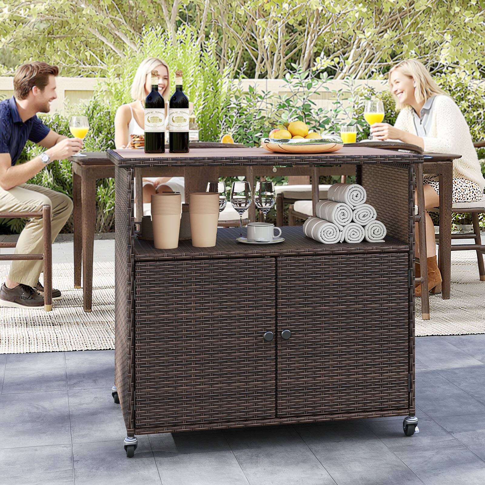 Alt View 1. Gymax - Gymax Outdoor Storage Cabinet w/Acacia Wood Top 2 Doors Buffet Cabinet Sideboard - Brown.