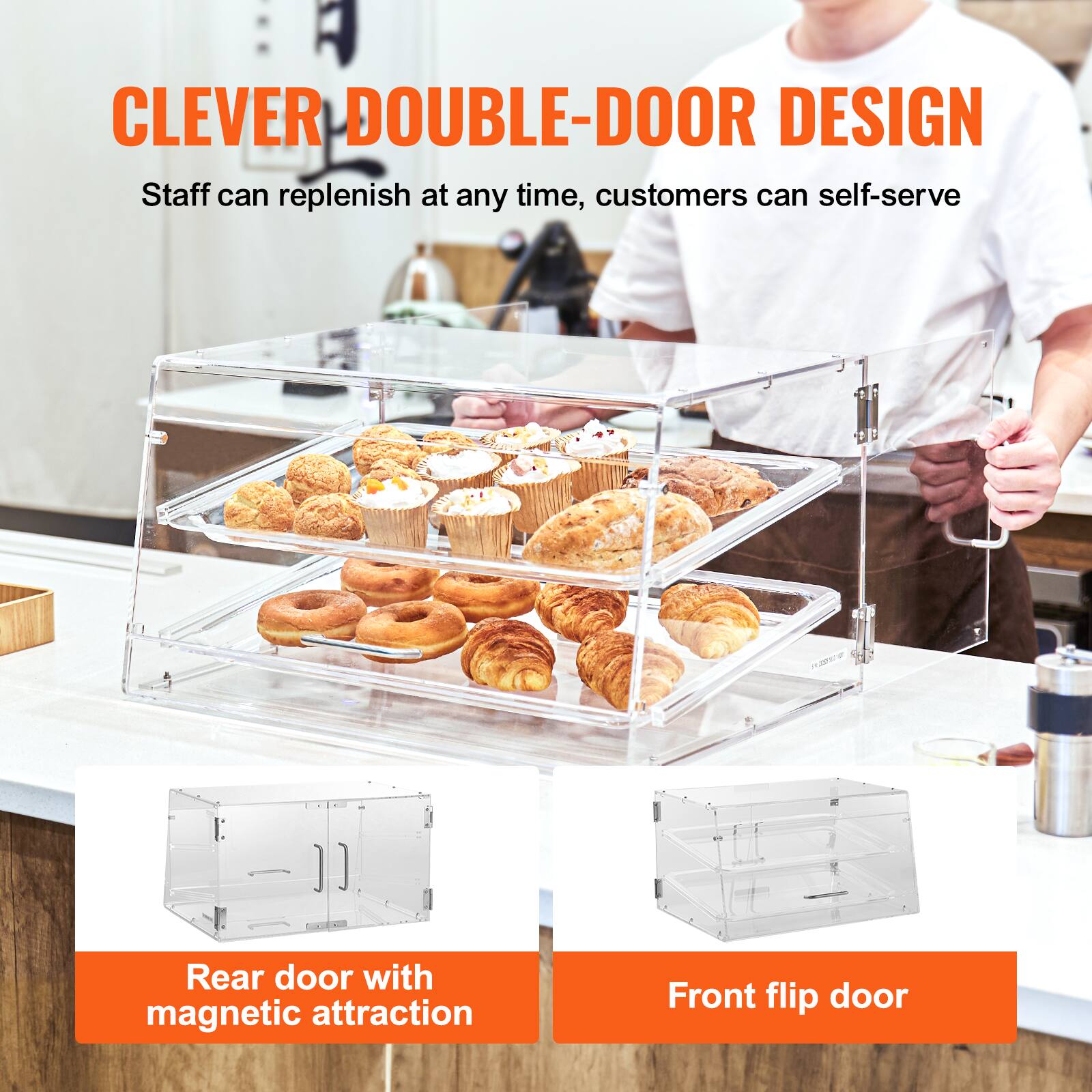 CLEVER DOUBLE-DOOR DESIGN  
Staff can replenish at any time, customers can self-serve  

Rear door with magnetic attraction  
Front flip door