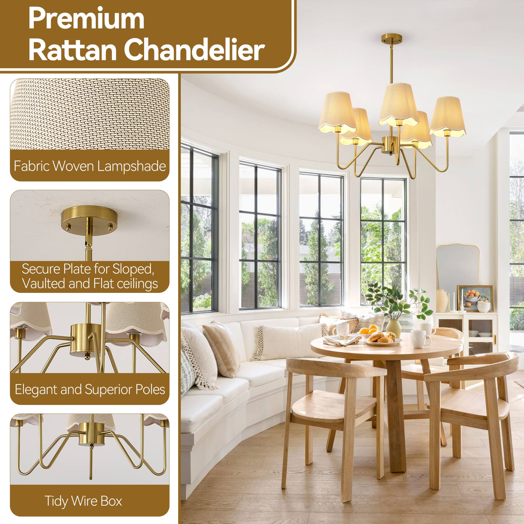 Premium Rattan Chandelier

- Fabric Woven Lampshade
- Secure Plate for Sloped, Vaulted and Flat ceilings
- Elegant and Superior Poles
- Tidy Wire Box