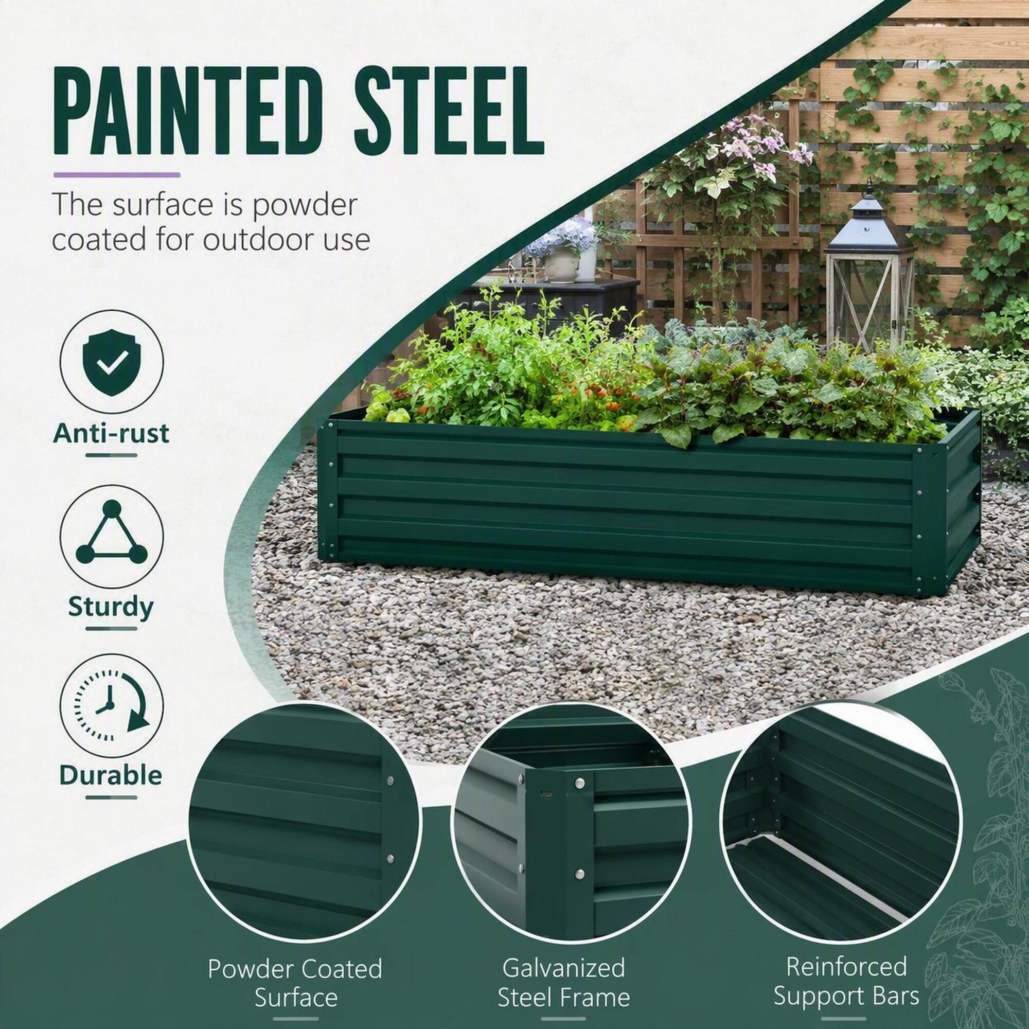 PAINTED STEEL  
The surface is powder coated for outdoor use

- Anti-rust
- Sturdy
- Durable

- Powder Coated Surface
- Galvanized Steel Frame
- Reinforced Support Bars