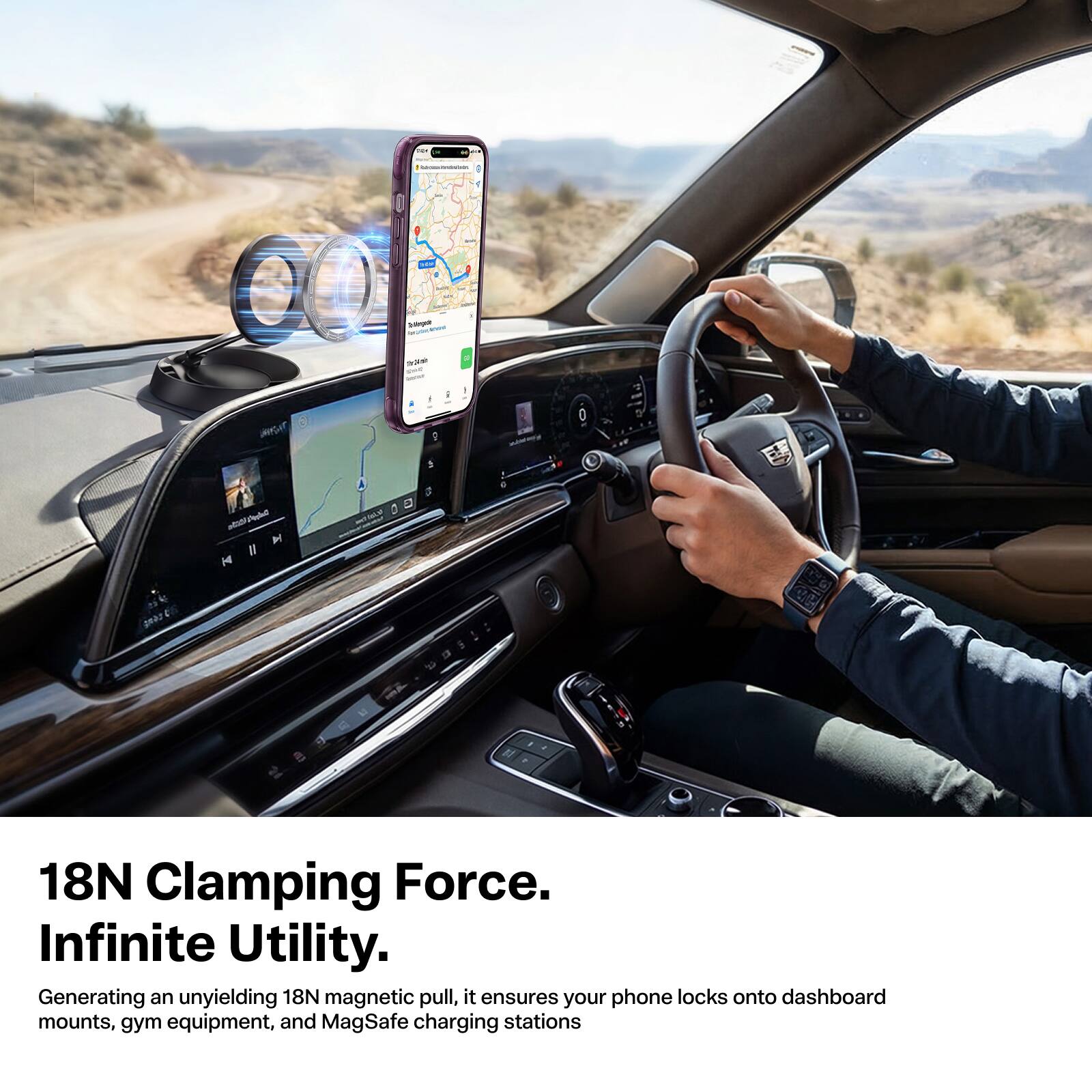 18N Clamping Force. Infinite Utility.  
Generating an unyielding 18N magnetic pull, it ensures your phone locks onto dashboard mounts, gym equipment, and MagSafe charging stations