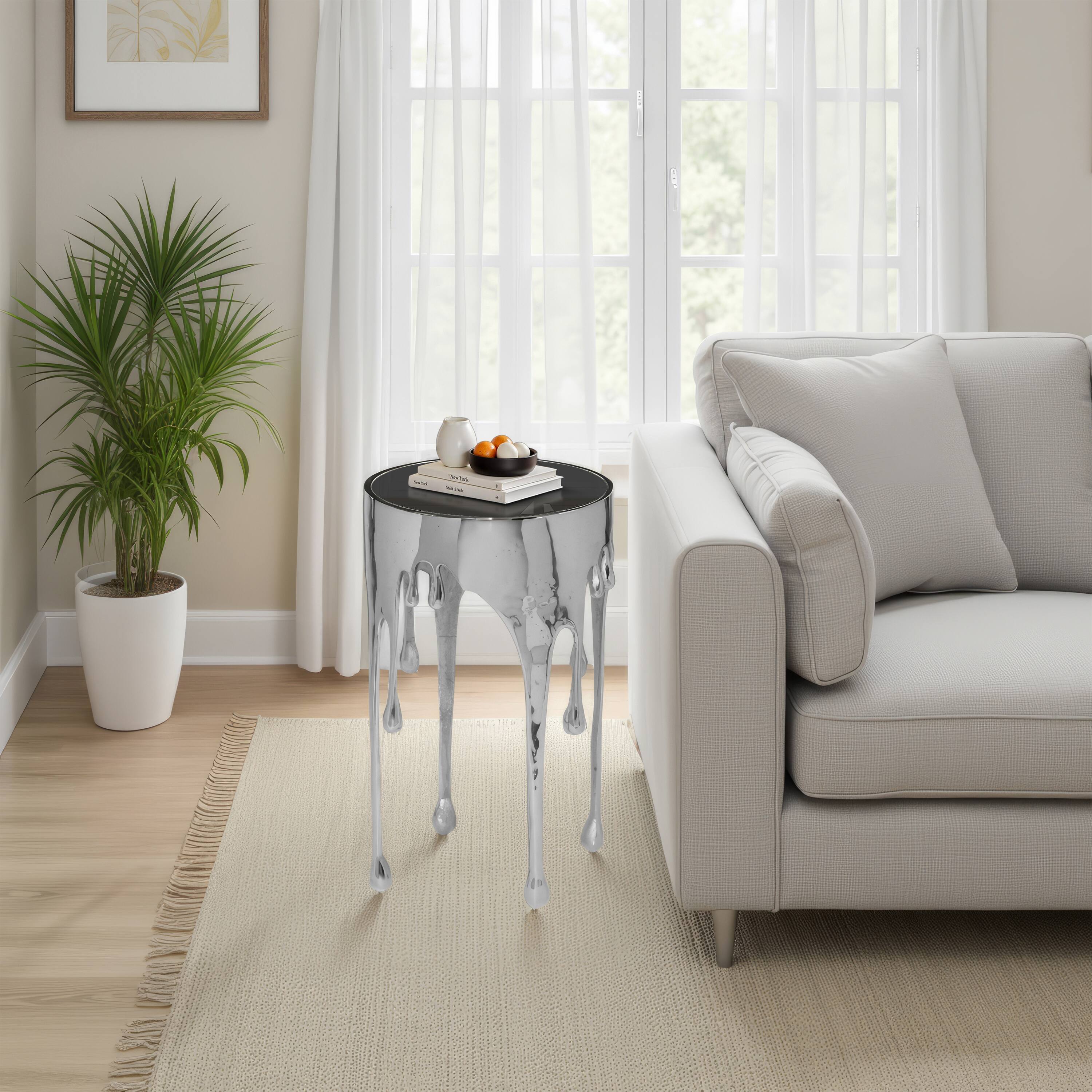 Alt View 8. Manhattan Lane - Capri Side End Table | 24.75 Inch Round Glass Top | Melting Drip Design - Silver, Black.
