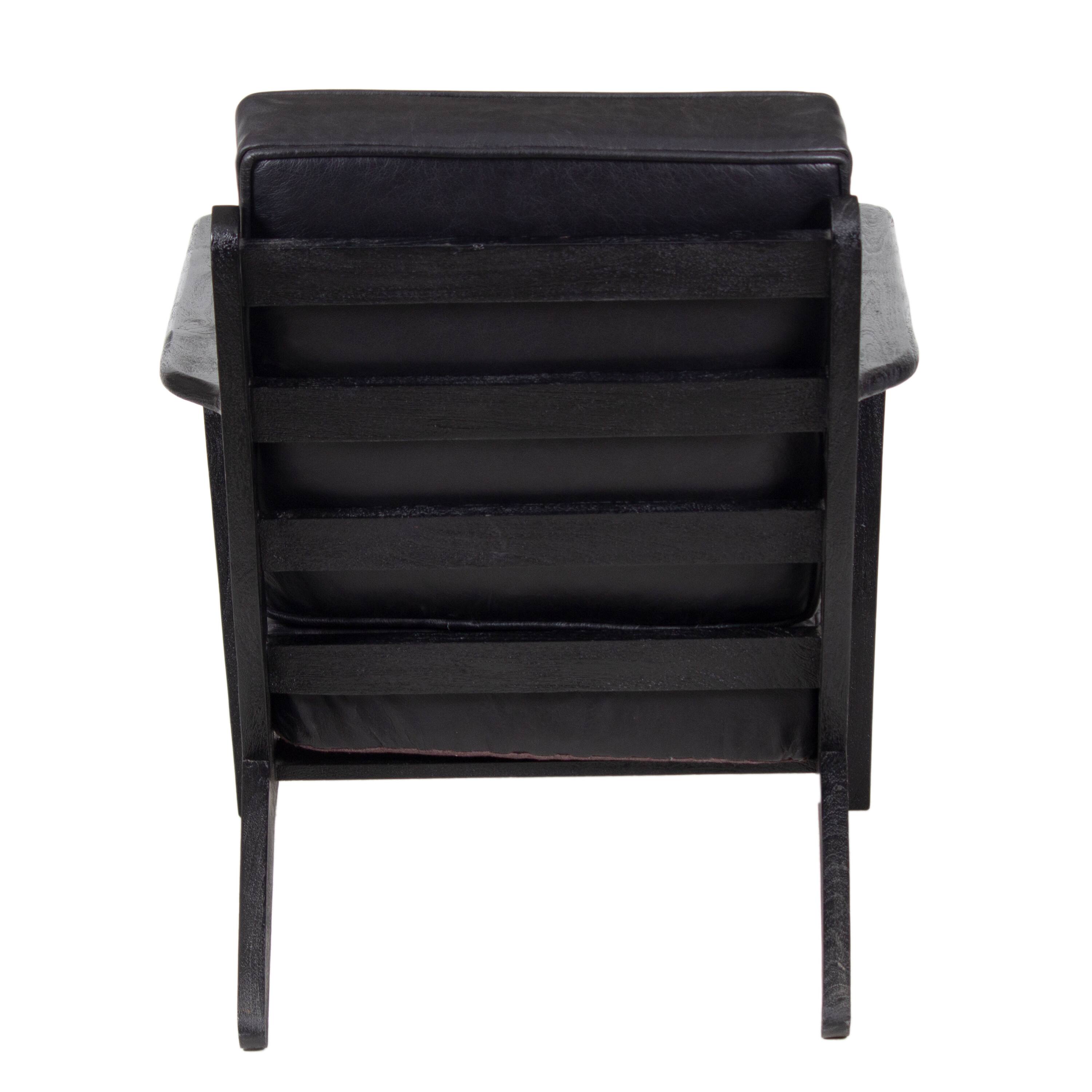 Alt View 3. Manhattan Lane - Amber Accent Chair, Handcrafted Slatted Mango Wood, Black Buffalo Leather Cushions, Angled Legs - Black.