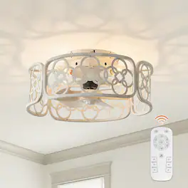 Vaczon - Ceiling Fan with Remote and Light, Iron Flush Mount, Vintage European Design for Living Room & Bedroom - Distressed White