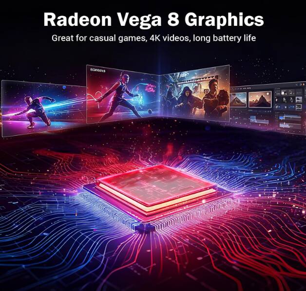 Radeon Vega 8 Graphics  
Great for casual games, 4K videos, long battery life
