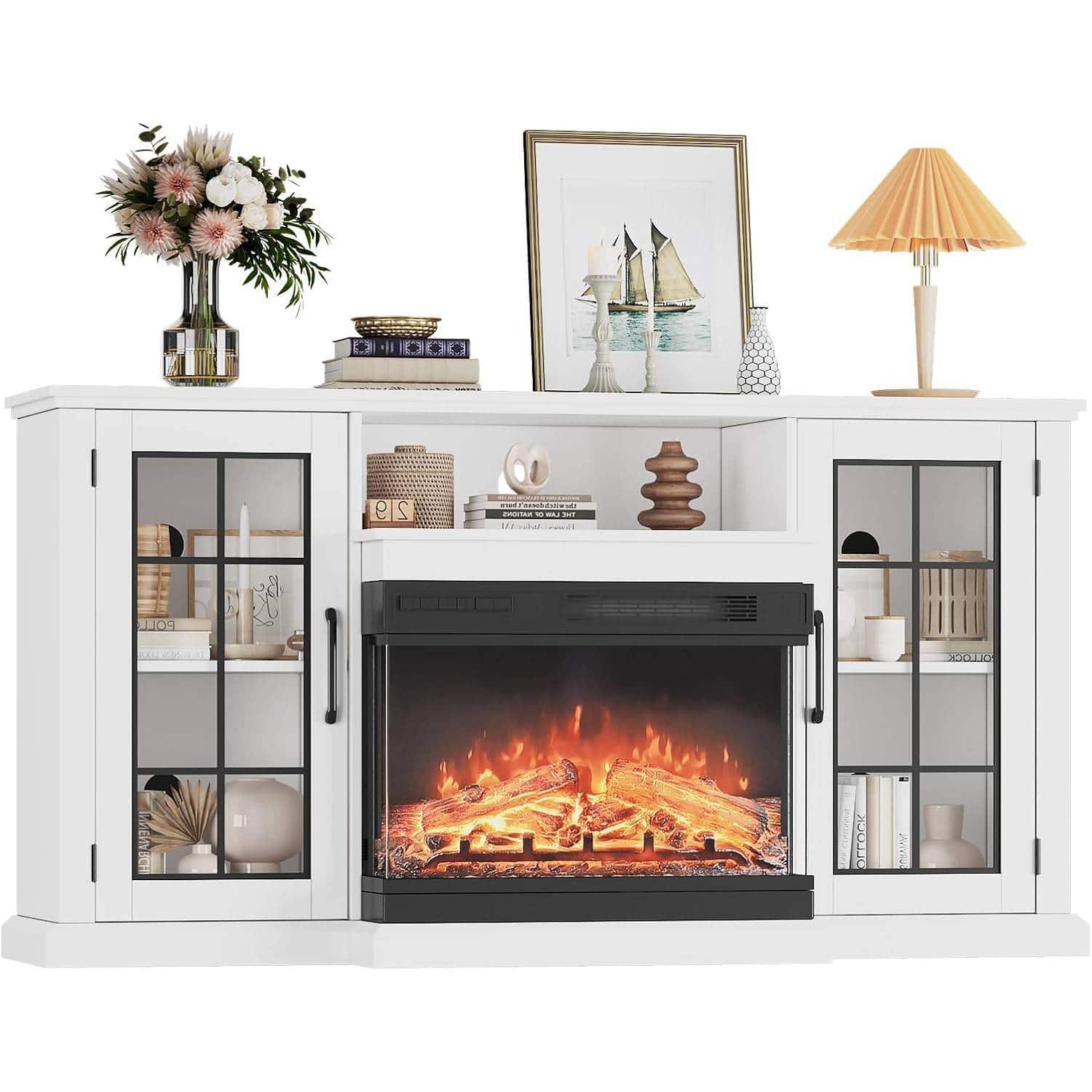 GARVEE - 59In 3 Sided Glass Fireplace Heater TV Stand with LED Lights for Living Room, Home - White
