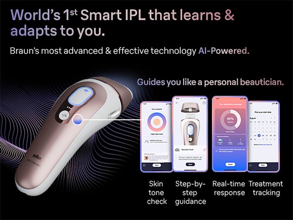 World's 1st Smart IPL that learns & adapts to you. Braun's most advanced & effective technology Al-Powered. Guides you like a personal beautician. -/+ 40% Good Bu Skin Step-by-Real-time Treatment tone step response tracking check guidance.