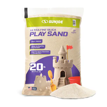 SUNJOE ULTRA FINE SILICA PLAY SAND
3+ Ages
Clean + Natural
Hands-On Sand Fun For Everyone
Great For Home, Classroom + Therapy Use
20 lb NET WT (9.1 KG)
USA