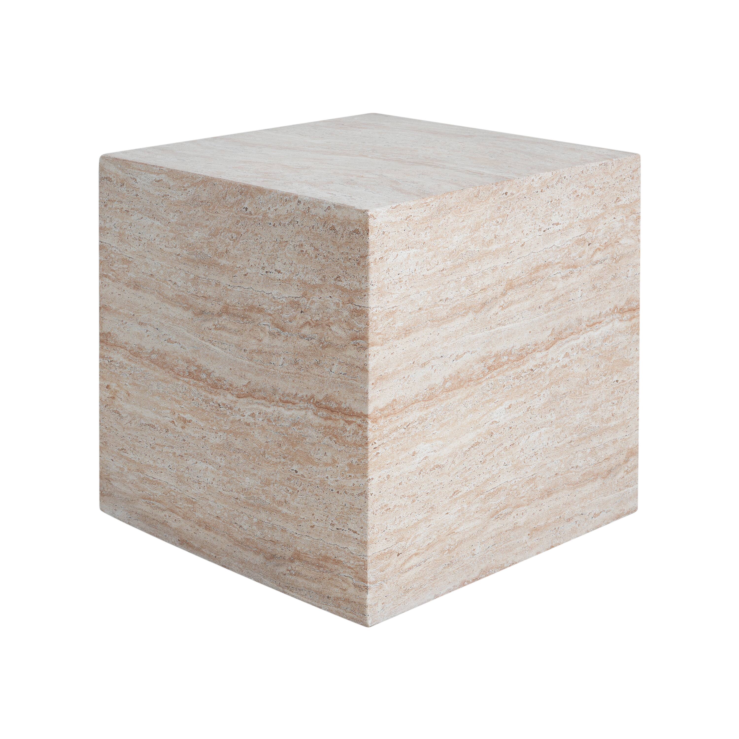 Left. Whisen - Outdoor Square Travertine Lightweight Concrete Side Table for Patio and Backyard - Beige.