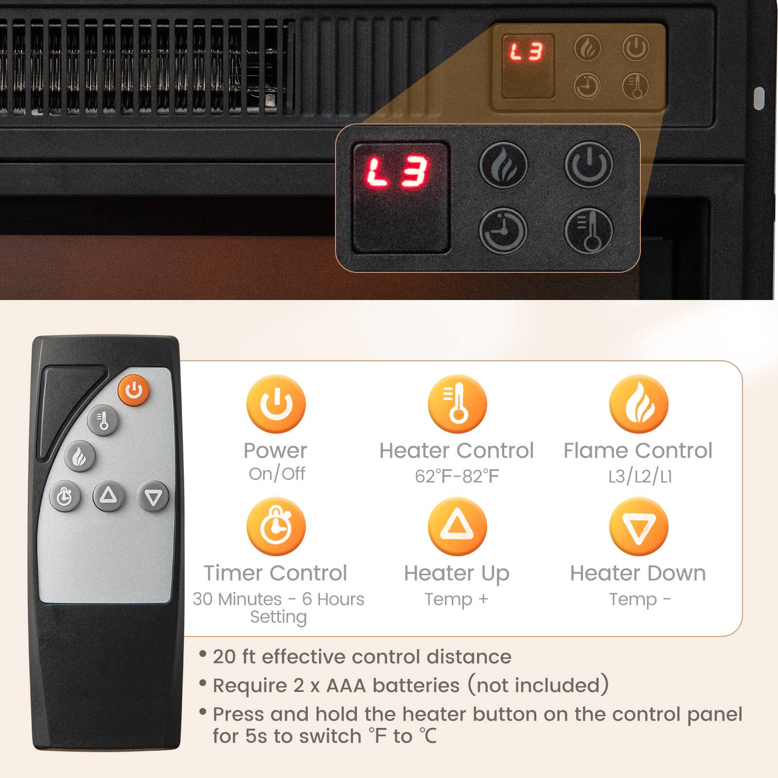 L3 Power On/Off Off Heater Control 62F-82F L3/12/L1 Timer Control 30 Minutes - 6 Hours Setting Heater Up Temp + Heater Down Temp - 20 ft effective control distance Require 2 x AAA batteries (not included) Press and hold the heater button on the control panel for 5s to switch °F to °C