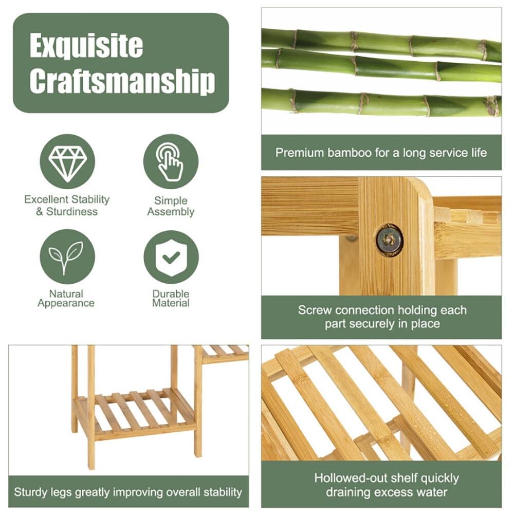 Exquisite Craftsmanship

- Premium bamboo for a long service life
- Excellent Stability & Sturdiness
- Simple Assembly
- Natural Appearance
- Durable Material
- Screw connection holding each part securely in place
- Sturdy legs greatly improving overall stability
- Hollowed-out shelf quickly draining excess water