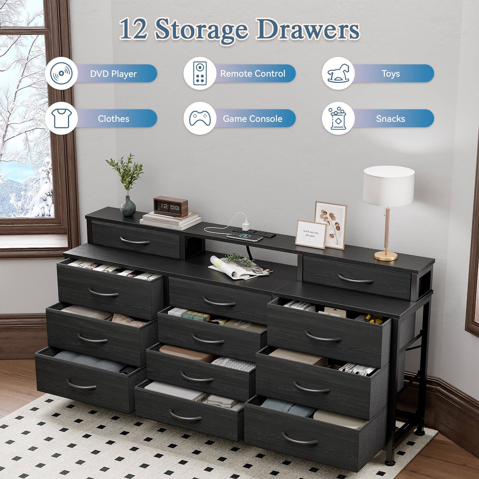 12 Storage Drawers

- DVD Player
- Remote Control
- Toys
- Clothes
- Game Console
- Snacks